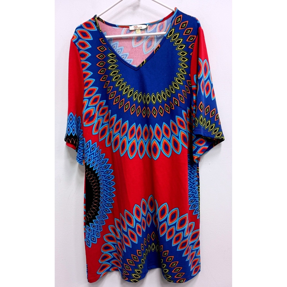 Aryeh BOHO Mini Dress Womens 2X Red Blue Dashiki Print Knit Short Sleeve